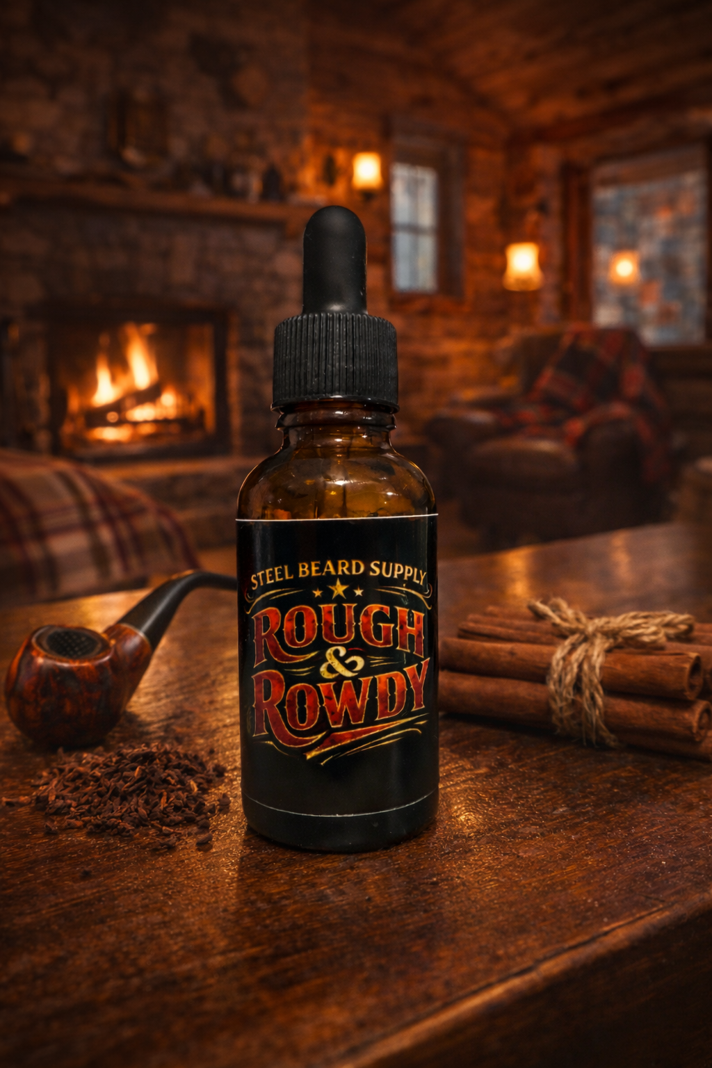 Rough & Rowdy- Beard Oil-Pipe Tobacco, Cozy Cabin, and Cinnamon sticks